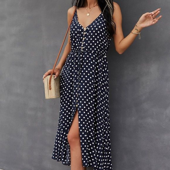 New Button Through Drawstring Waist Polka Dot Cami Dress Navy blue 226 - Picture 1 of 6